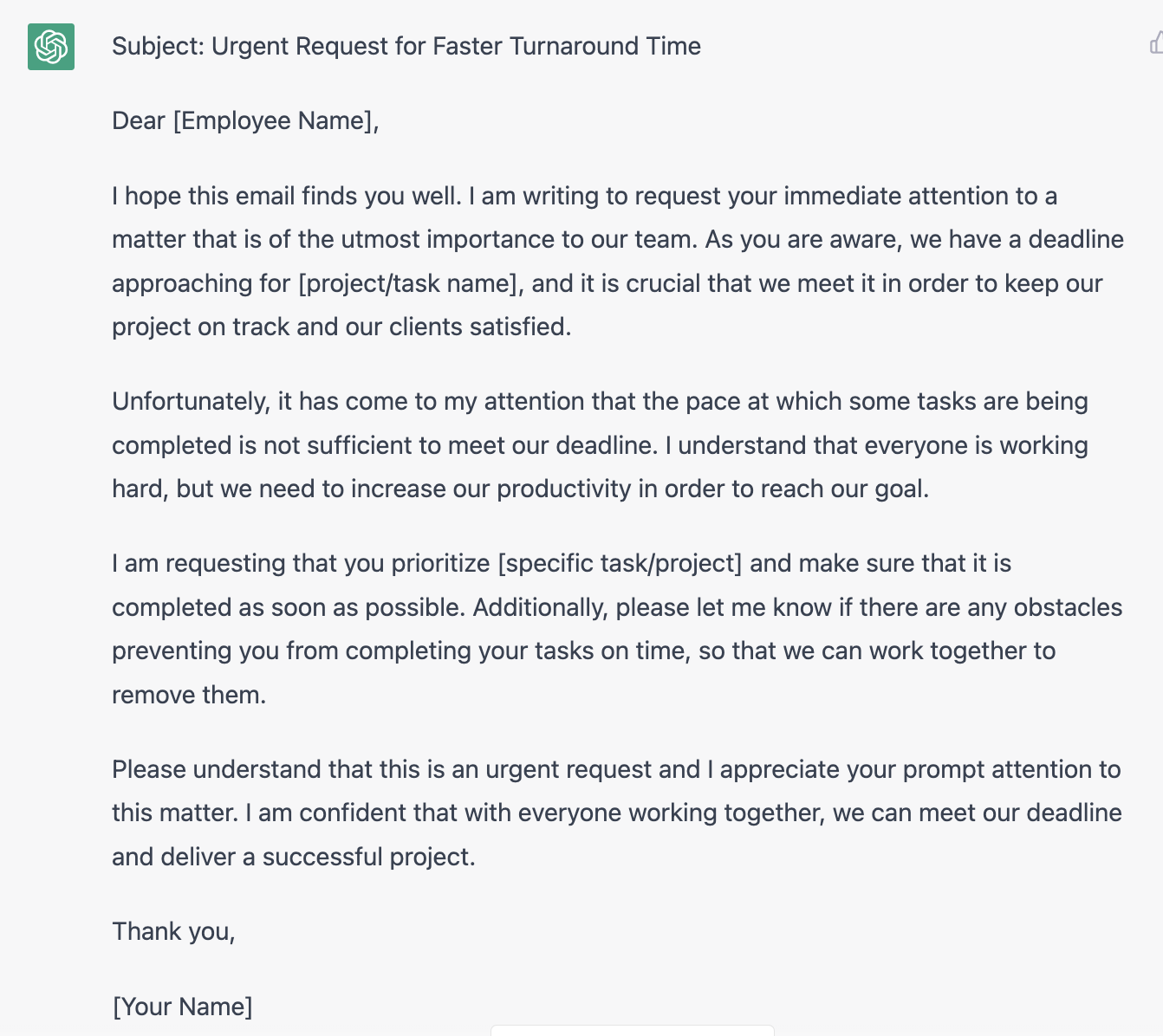 ChatGPT prompt about creating an email template