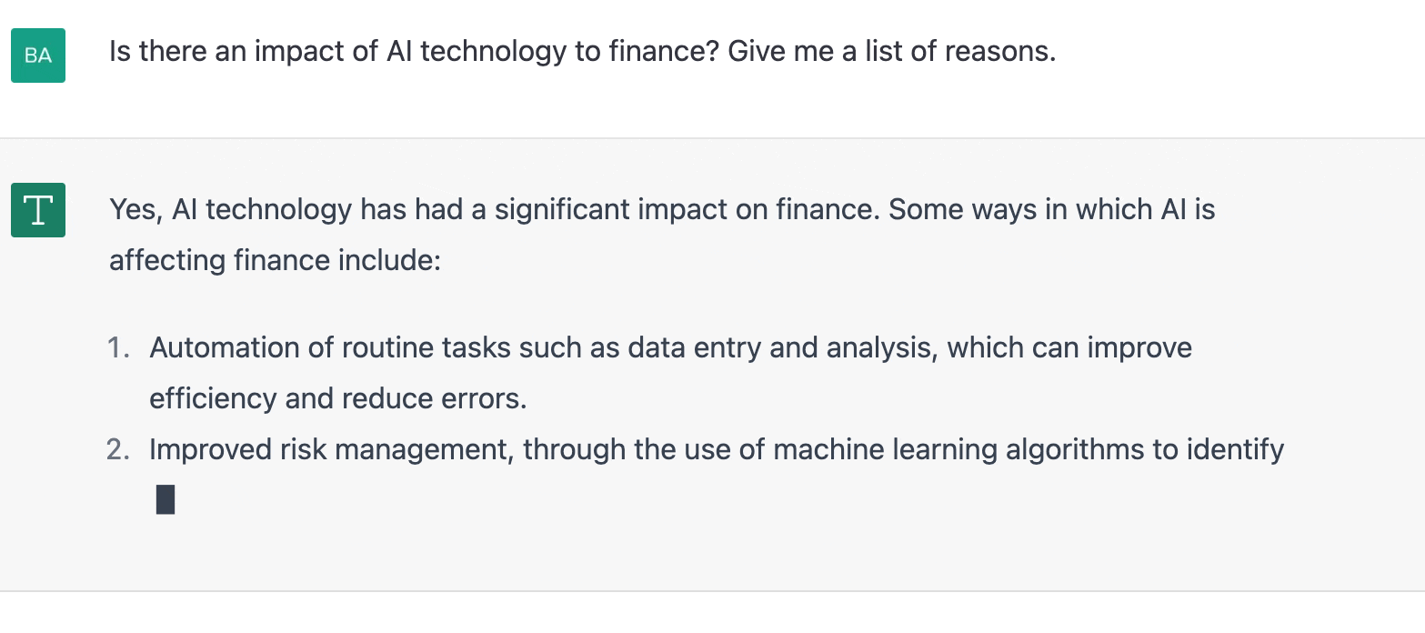 ChatGPT prompt about the impact of AI technology to finance