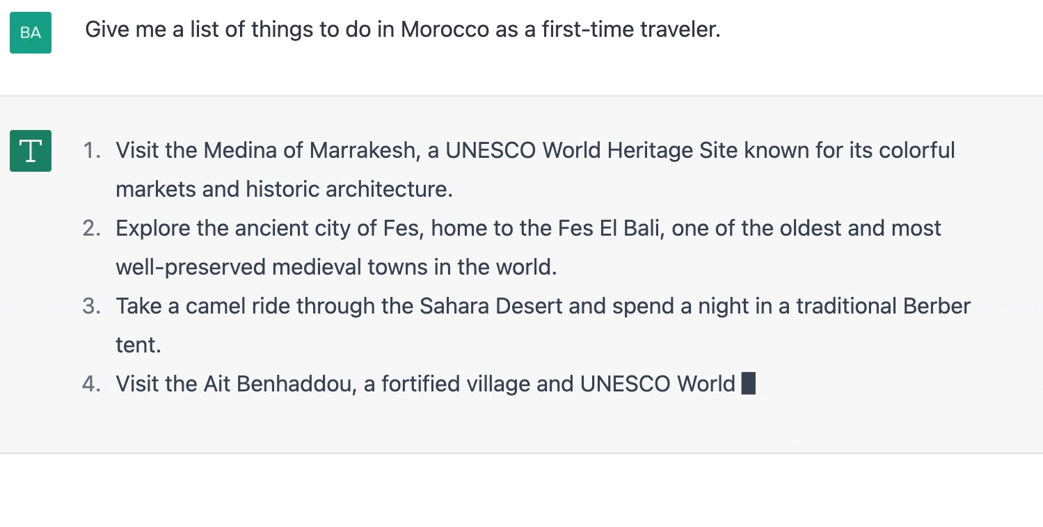ChatGPT prompt about giving a list of things to do in Morocco as a first timer traveler