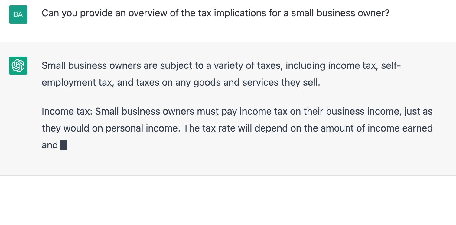 ChatGPT prompt about providing an overview of the tax implications for a small business owner