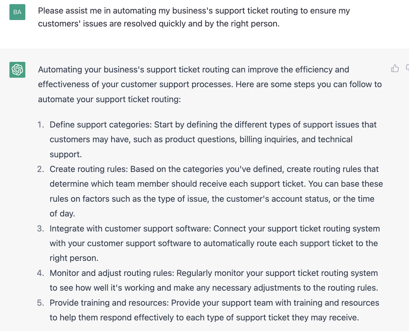 ChatGPT prompt about steps to automate a support ticketing routing