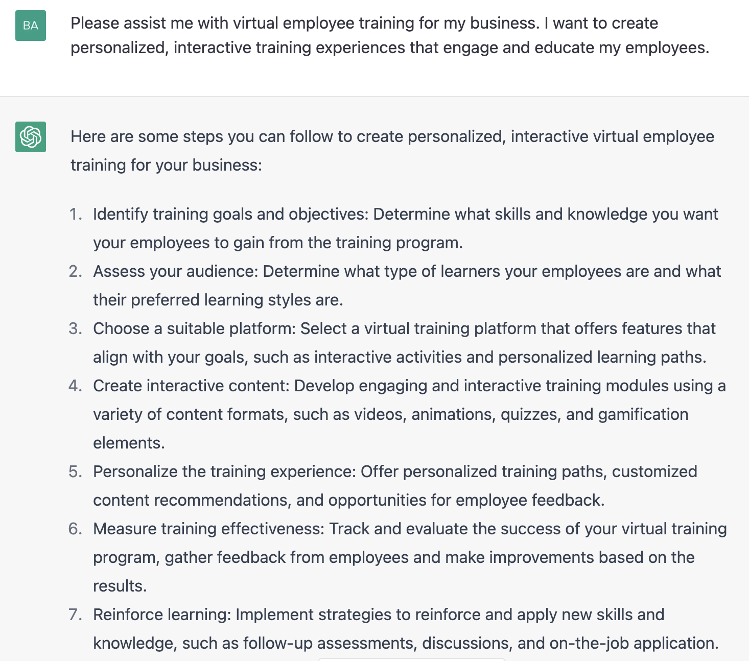 ChatGPT prompt about steps to create personalized, interactive virtual employee training for a business
