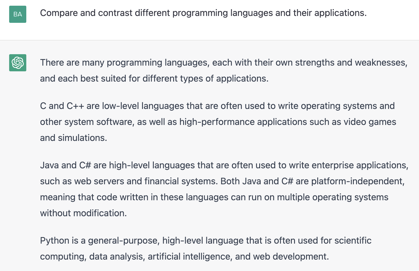 ChatGPT prompt about compare and contrast different programming languages