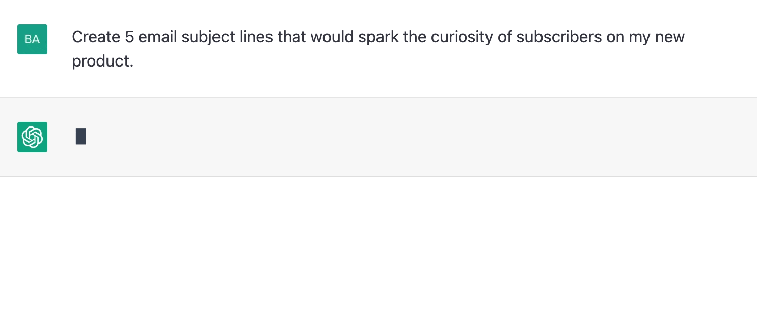 ChatGPT prompt about creating 5 email subject lines that would spark the curiosity of subscribers