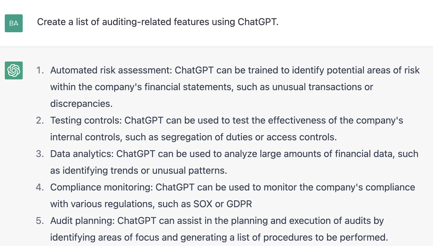 ChatGPT prompt about creating a list of auditing related features