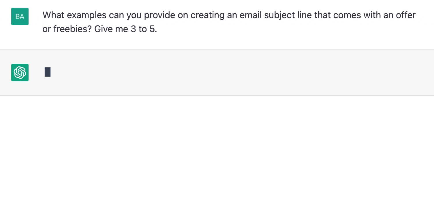 ChatGPT prompt about creating an email subject line that comes with an offer or freebies