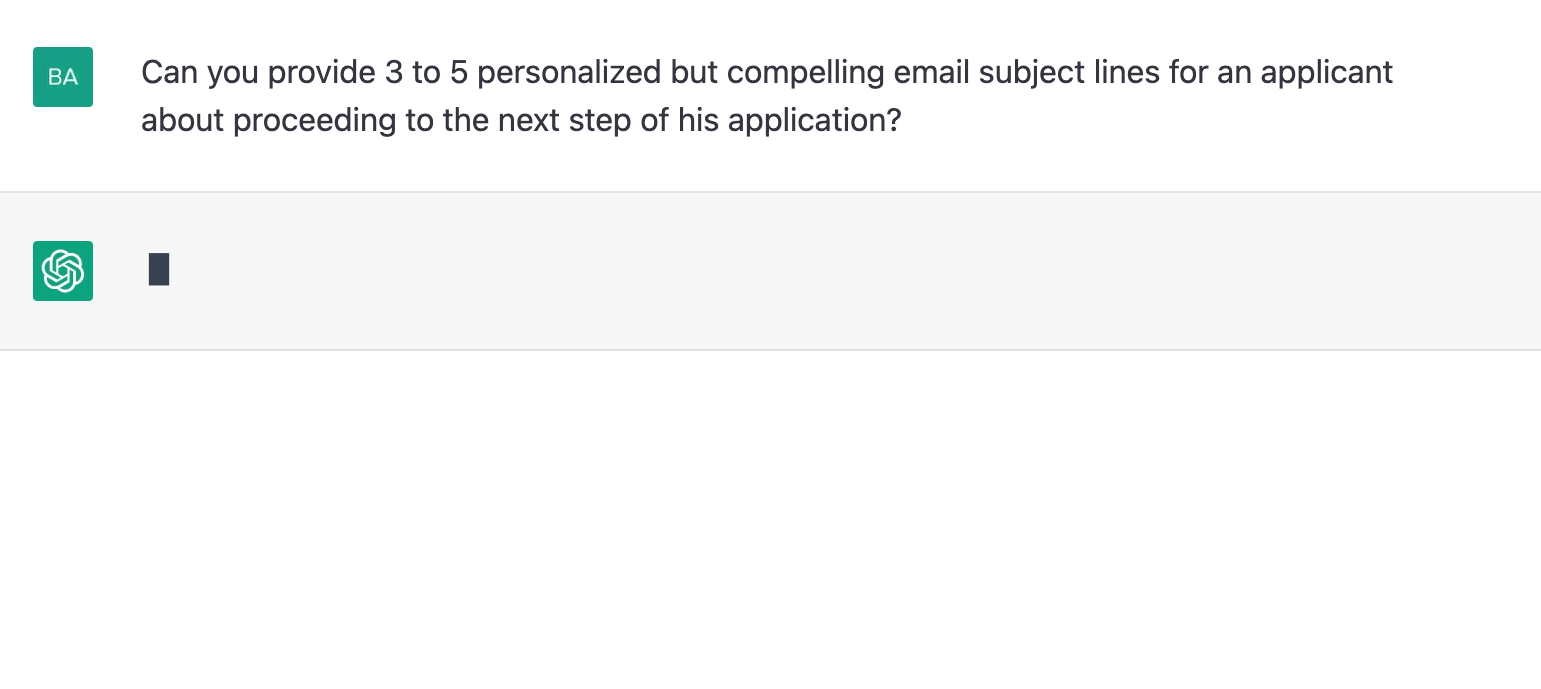 ChatGPT prompt about providing 3 to 5 personalized email subject lines for an applicant