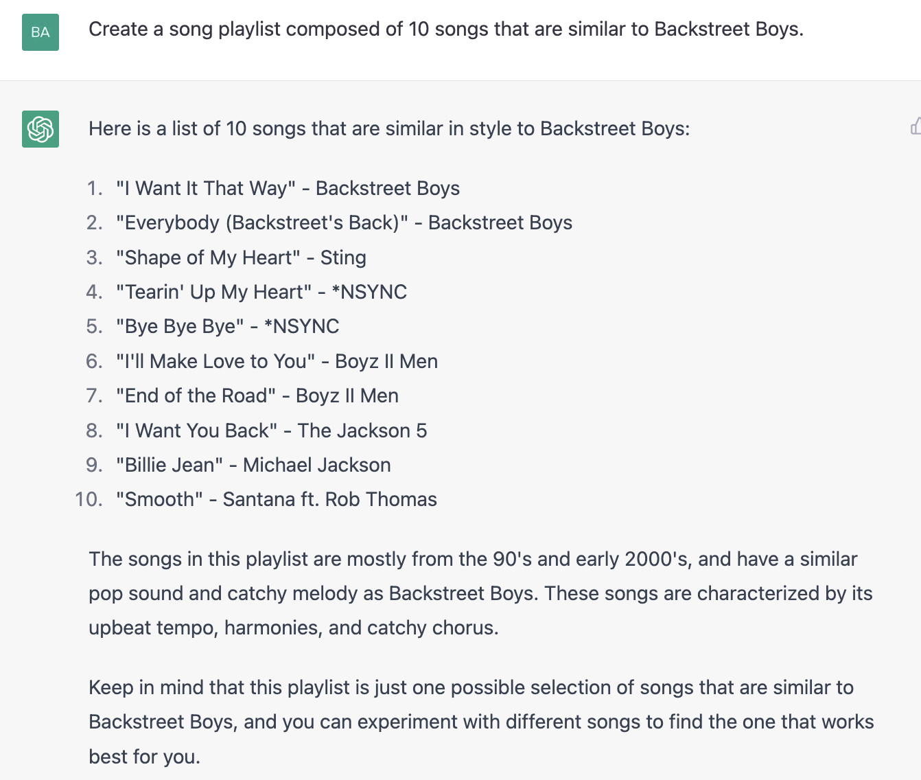 ChatGPT prompt about creating a song playlist composed of 10 songs that are similar to backstreet boys