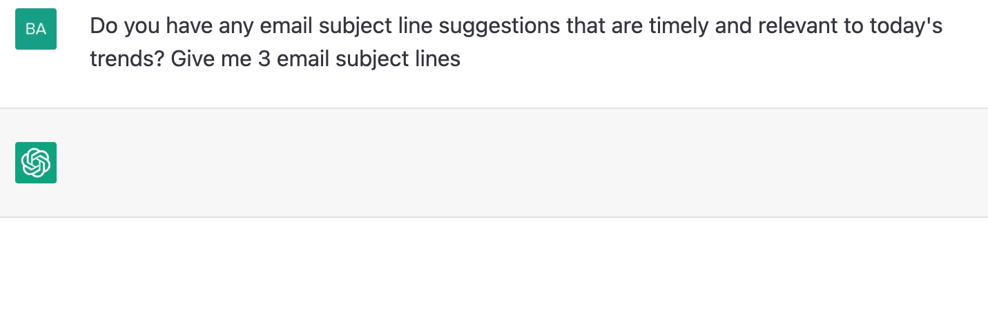 ChatGPT prompt about email subject line suggestions that are timely and relevant to today's trends