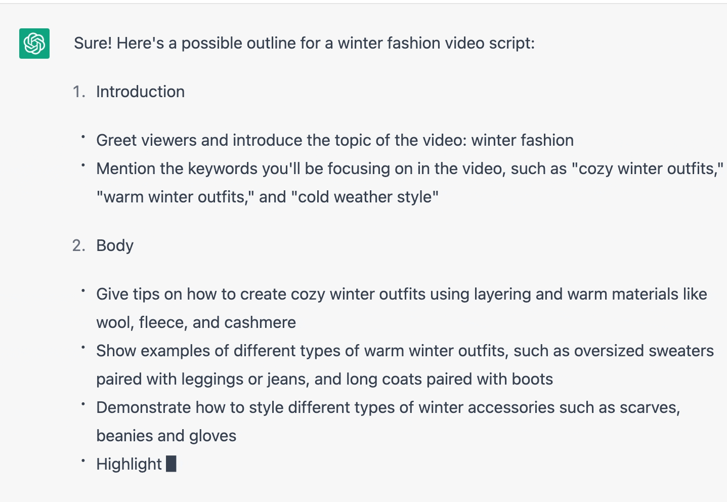 ChatGPT prompt about possible outline for a winter fashion video script