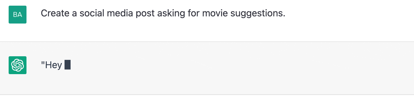 ChatGPT prompt about creating a social media post asking for movie suggestions