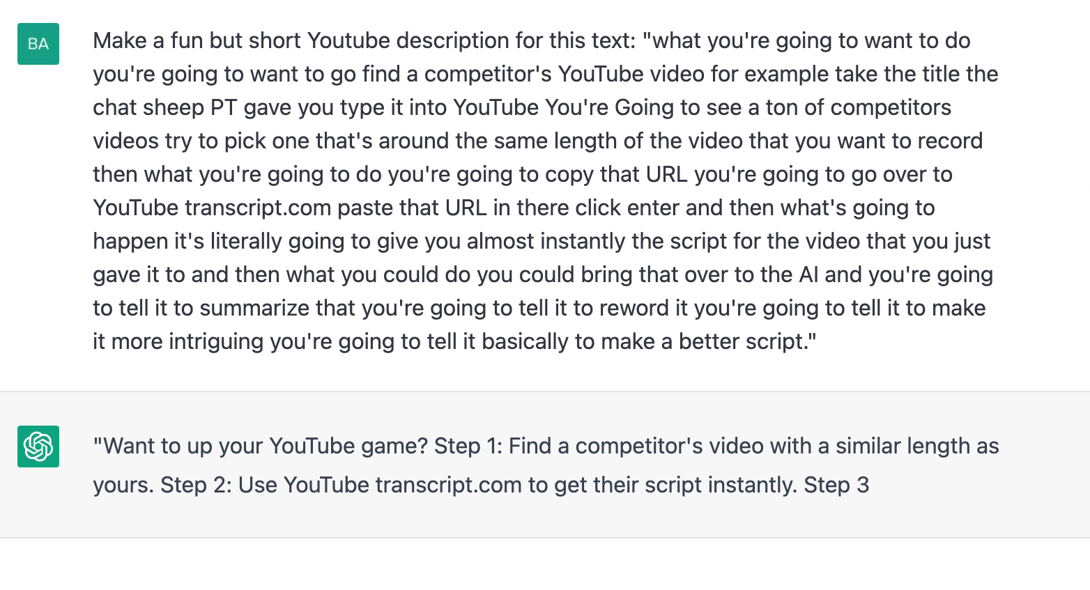 ChatGPT prompt about short youtube description for a text