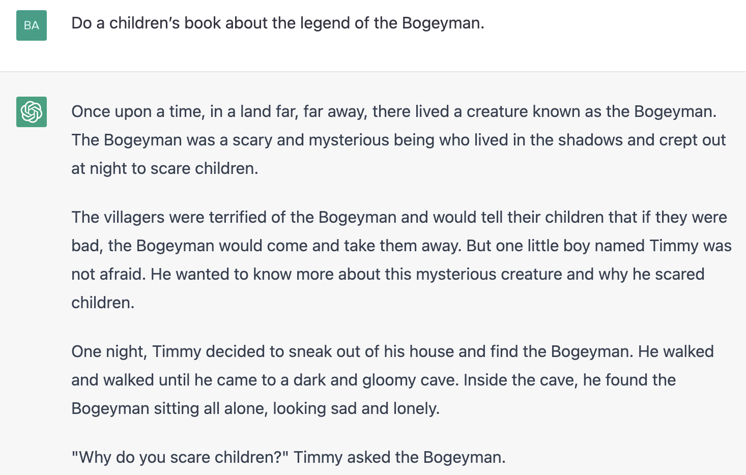 ChatGPT prompt about creating a children's book about the legend of the bogeyman