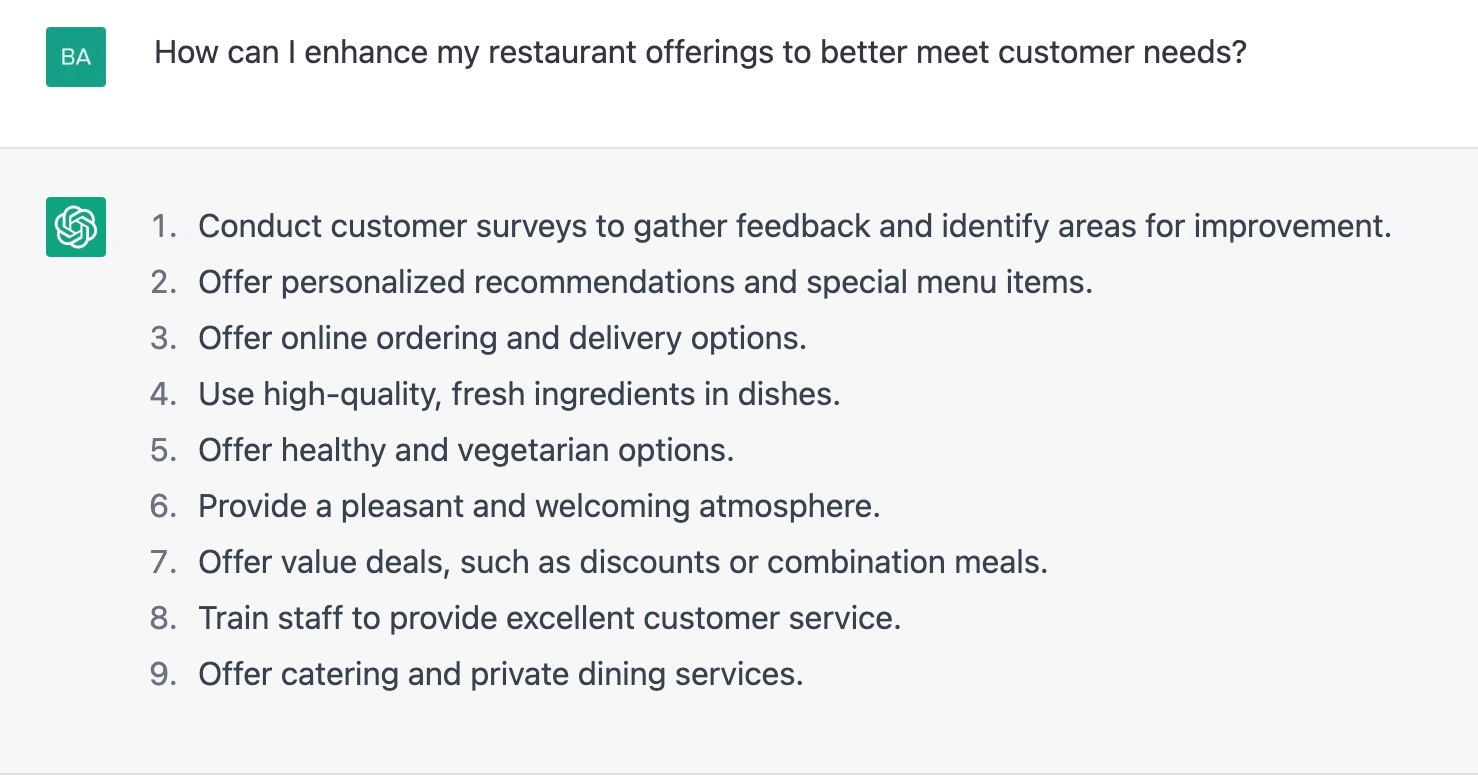 ChatGPT prompt about enhancing restaurant offerings to better meet customer needs