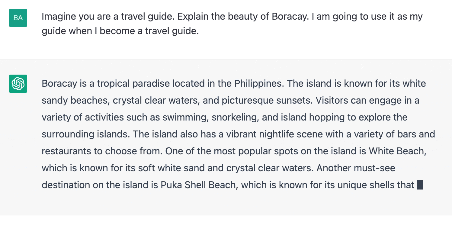 ChatGPT prompt about explaining the beauty of Boracay