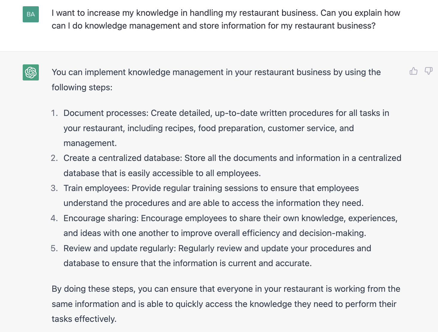ChatGPT prompt about knowledge management and store information for a restaurant business
