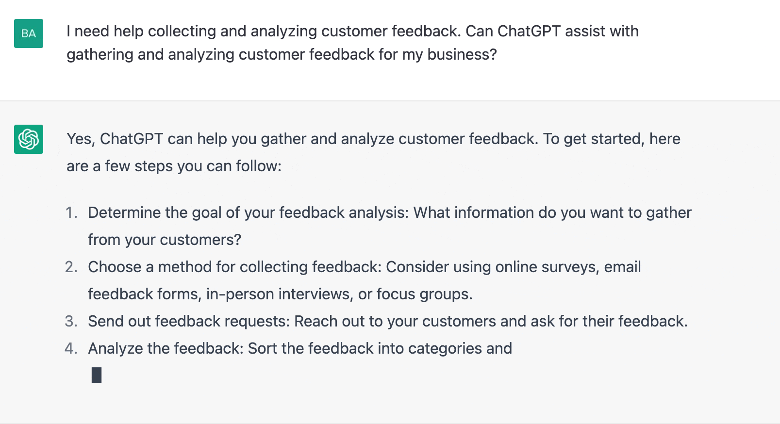 ChatGPT prompt about steps in collecting and analyzing customer feedback