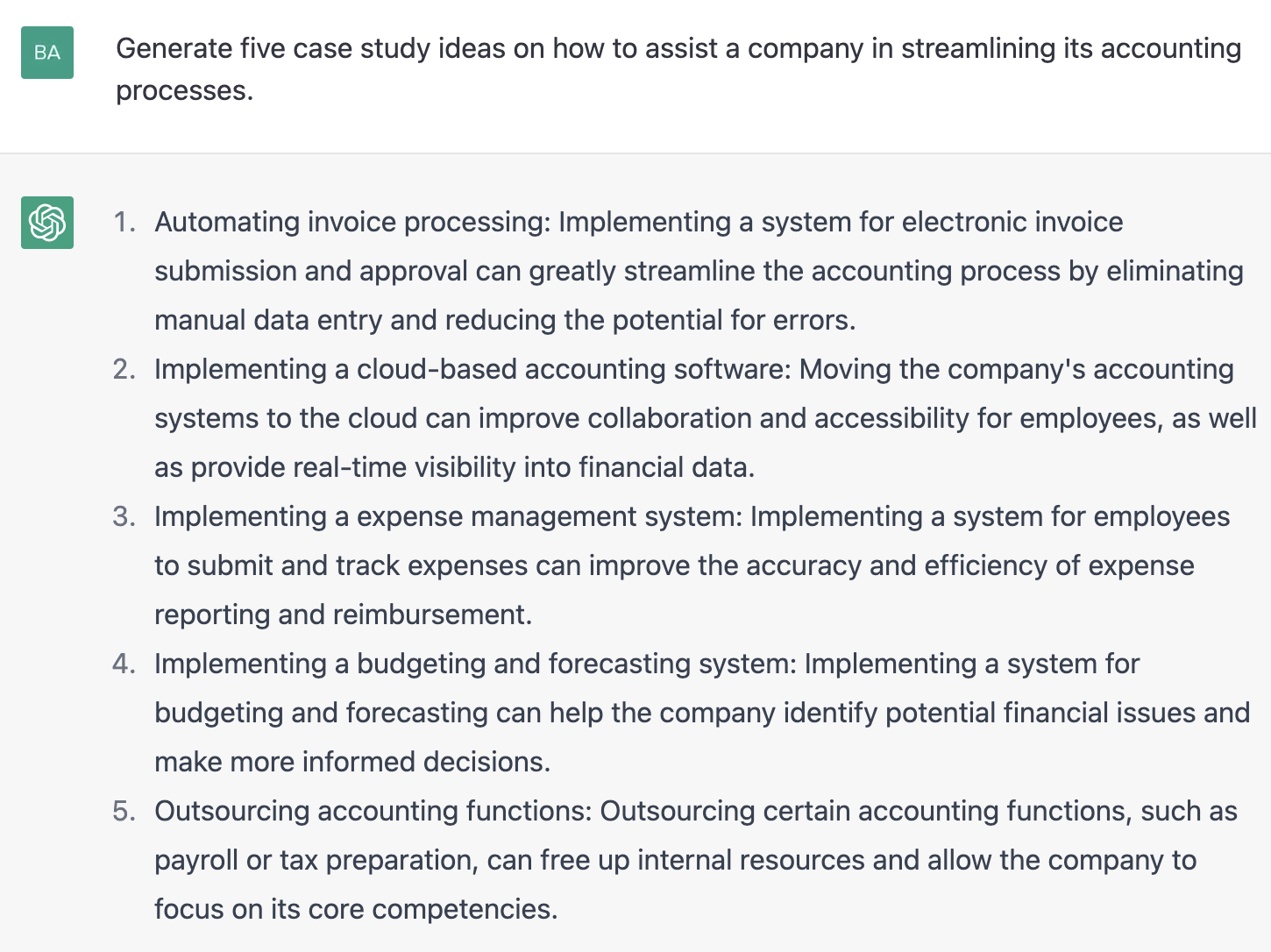 ChatGPT prompt about generating five case study ideas on how to assist a company in streamlining its accounting processes