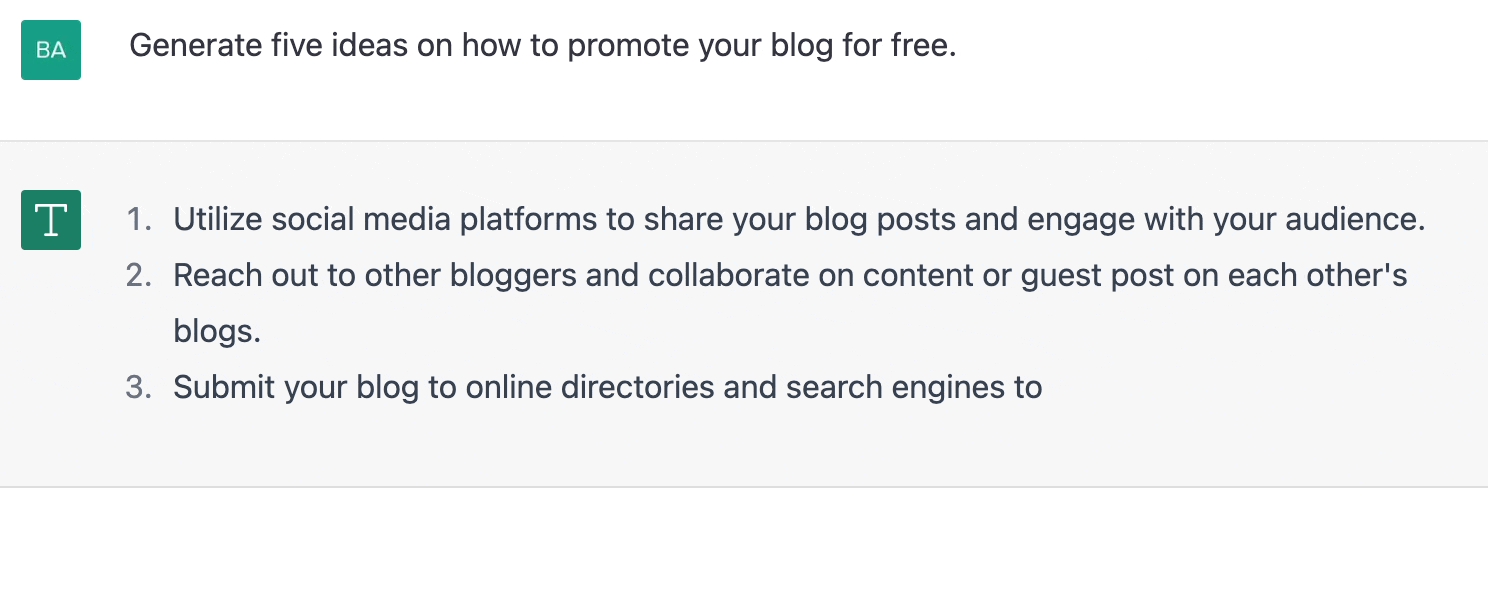 ChatGPT prompt about generating five ideas on how to promote a blog for free