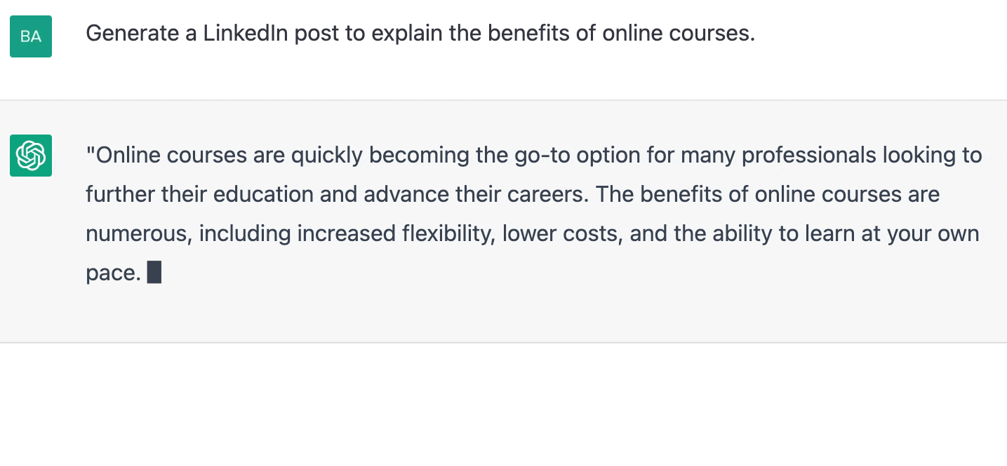 ChatGPT prompt about generating a LinkedIn post to explain the benefits of online courses