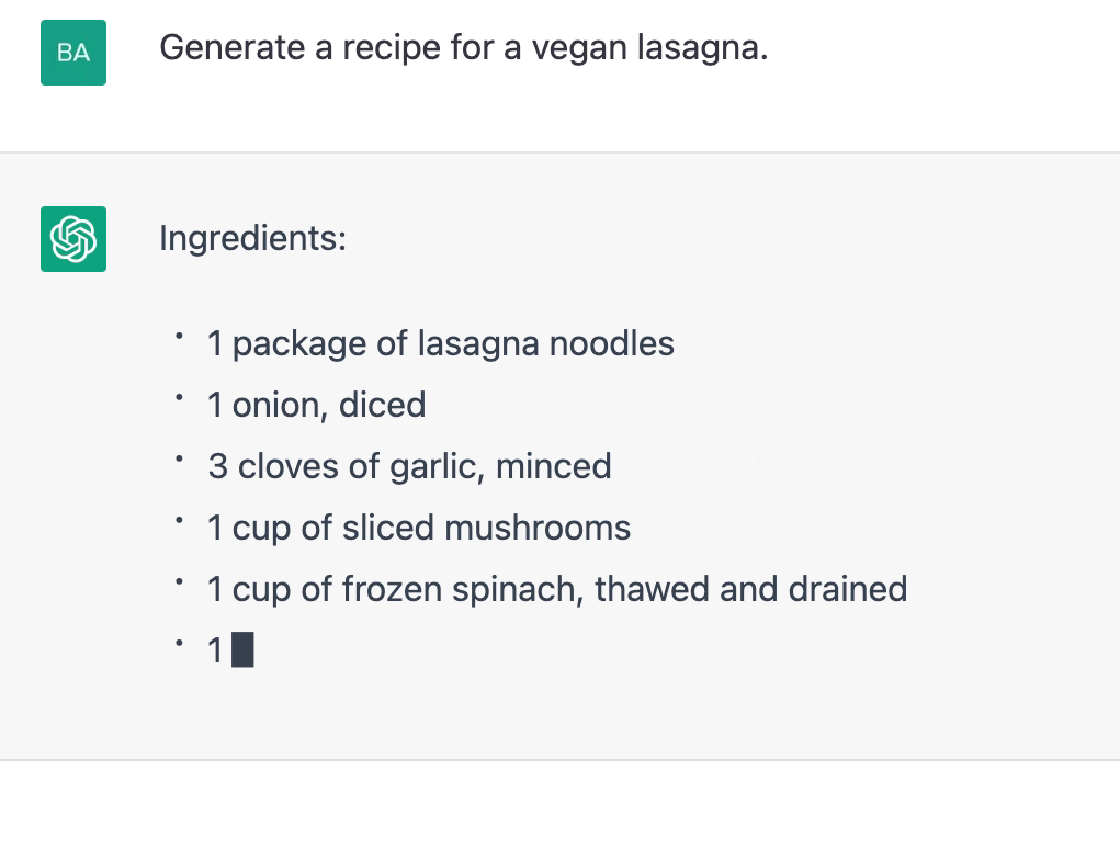 ChatGPT prompt about generating a recipe for a vegan lasagna