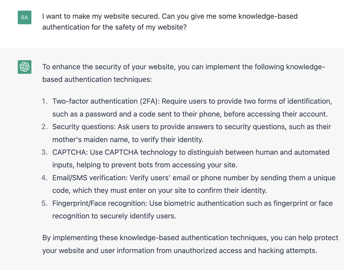 ChatGPT prompt for making a website secured