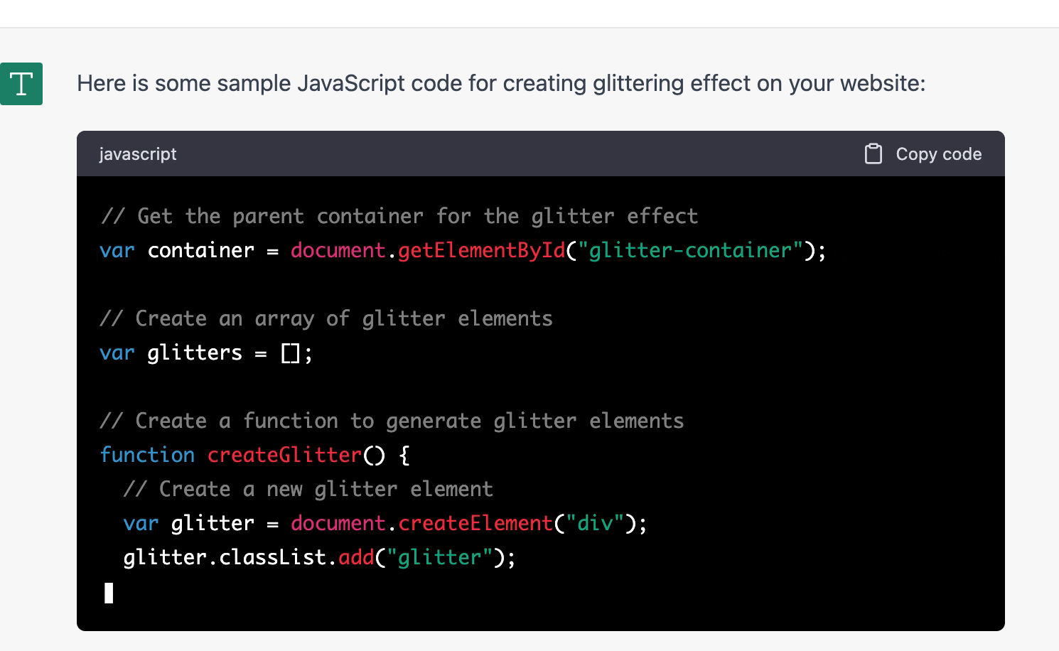 ChatGPT prompt about giving a sample javascript code in creating glittering effect for a website
