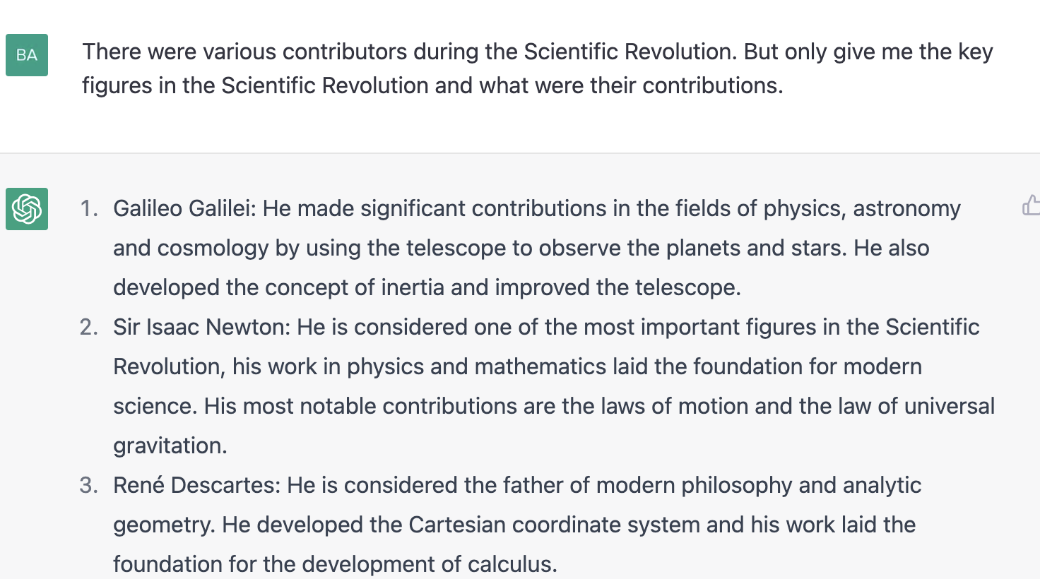 ChatGPT prompt about giving the key figures in the scientific Revolution and what were their contributions