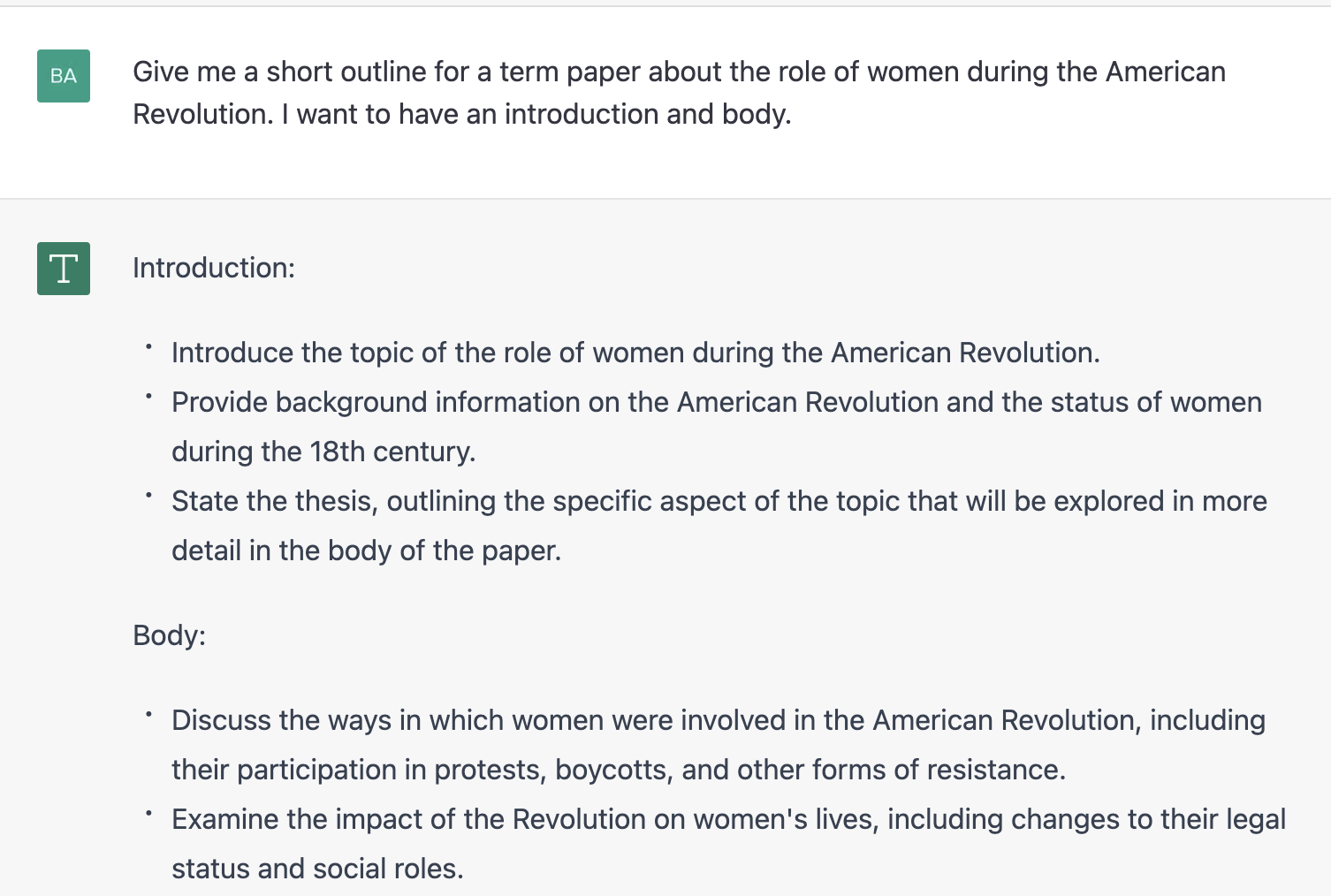ChatGPT prompt about giving a short outline for a term paper about the role of women during the American Revolution