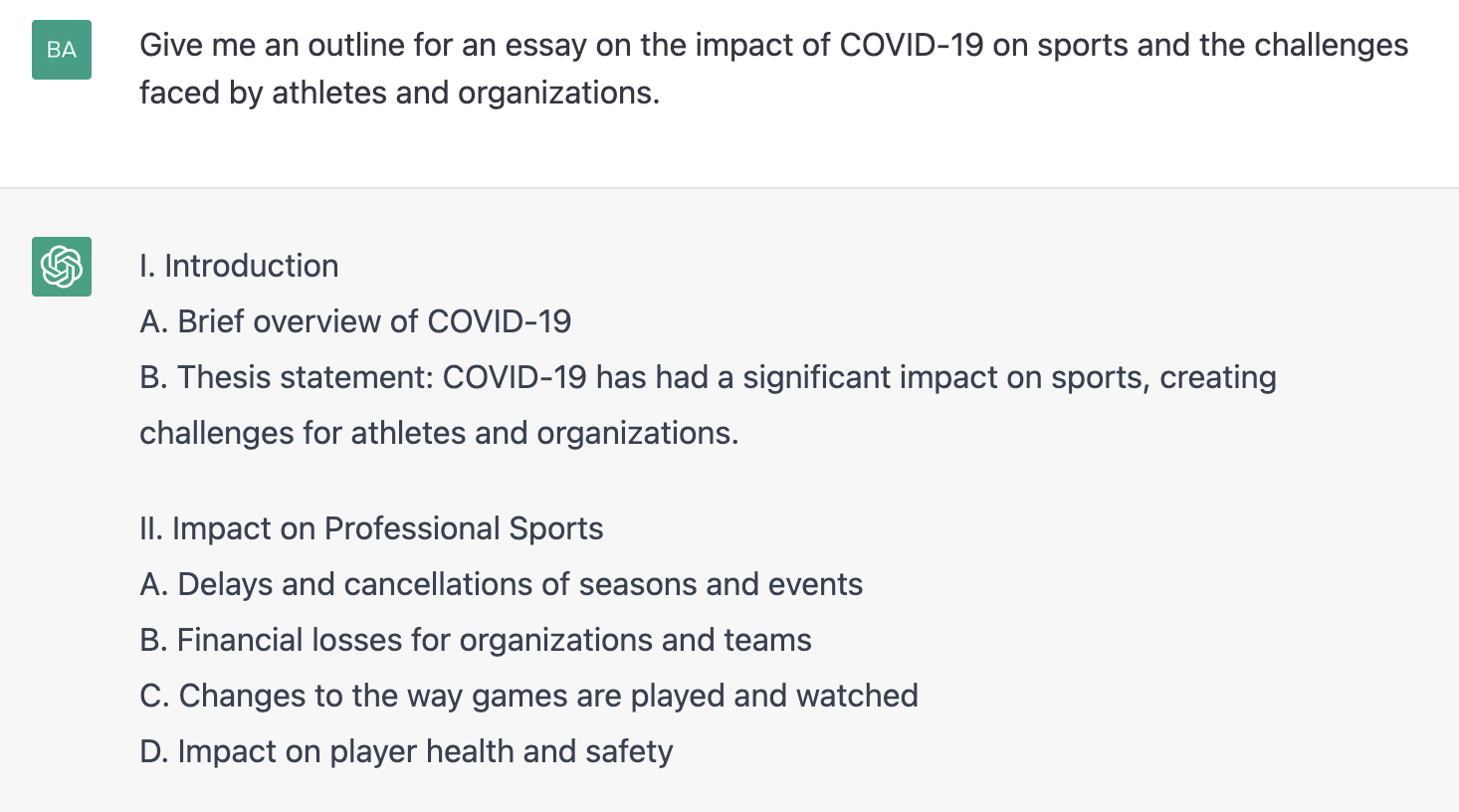 ChatGPT prompt about Giving an outline for an essay on the impact of COVID 19 on sports