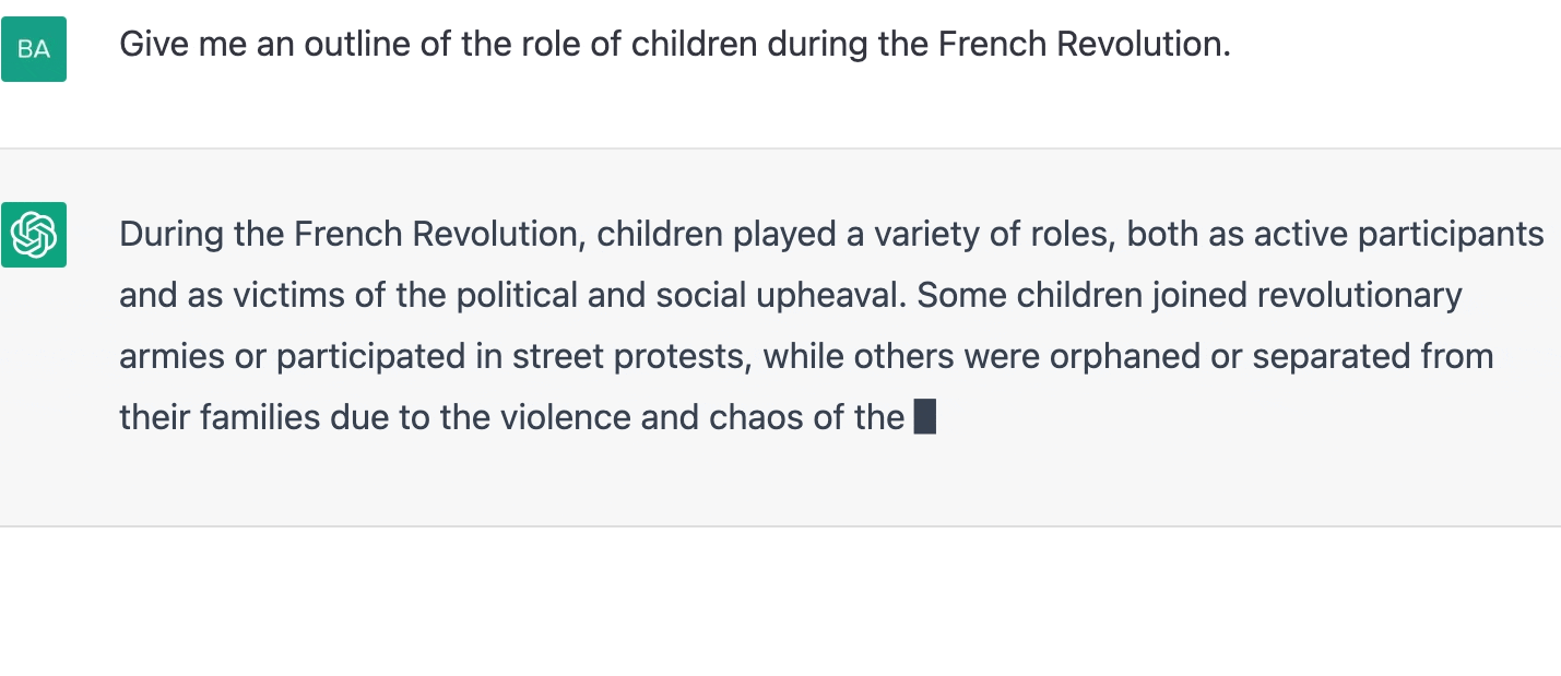 ChatGPT prompt about giving an outline of the role of children during the french Revolution