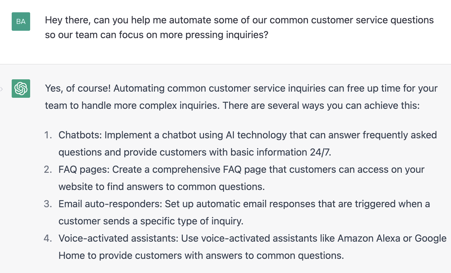 ChatGPT prompt for automating common customer service questions