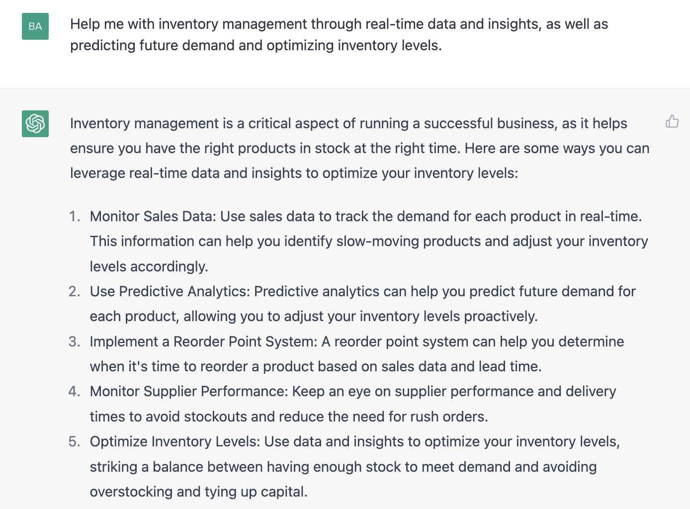 ChatGPT prompt about the insights to optimize inventory levels