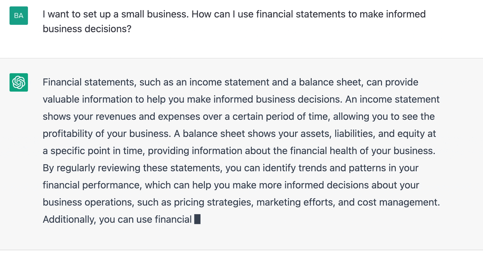 ChatGPT prompt about how to use financial statements to make informed business decisions