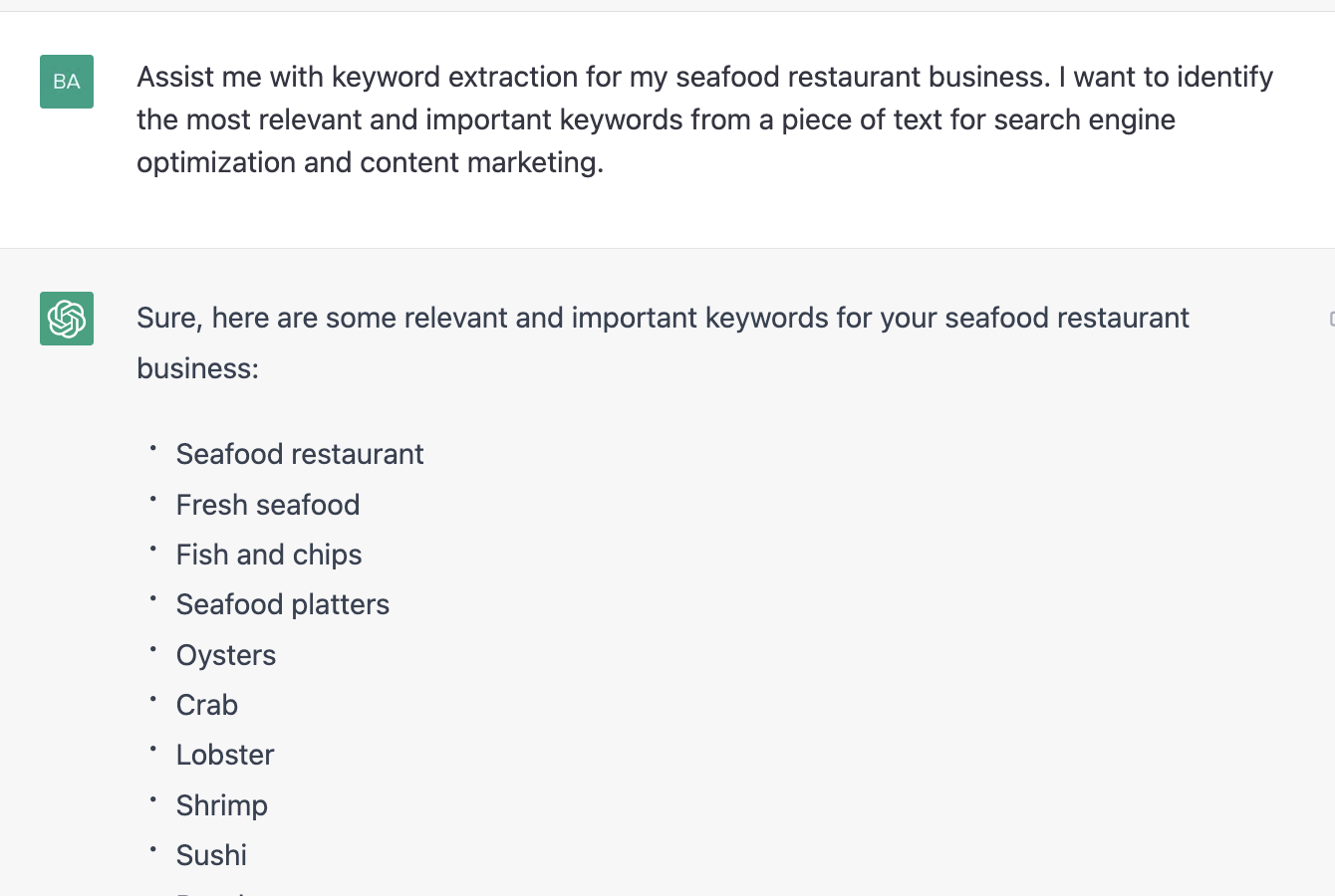 ChatGPT prompt about important keywords for seafood restaurant business