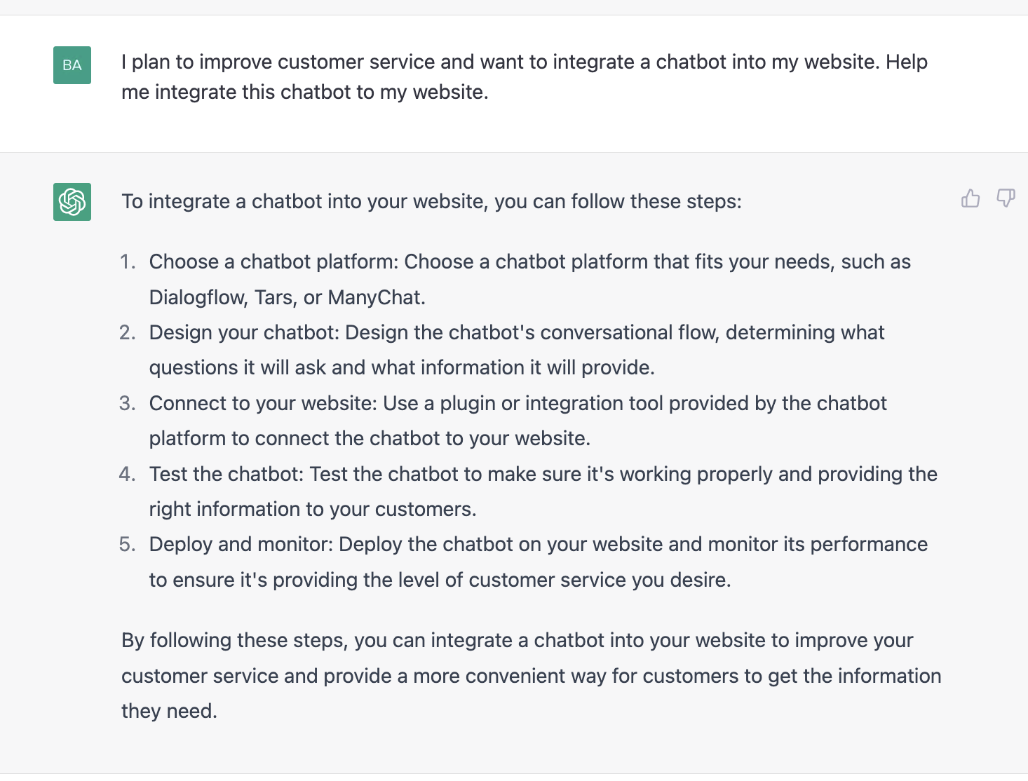 ChatGPT prompt about integrating chatbot for a website