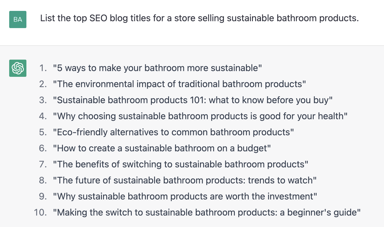 ChatGPT prompt about the top SEO blog titles for a store selling bathroom products