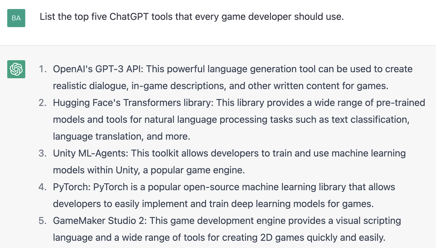 ChatGPT prompt about the top five chatgpt tools that every game developer should use
