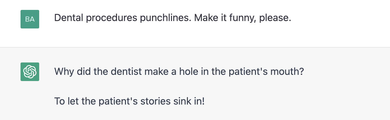 ChatGPT prompt about a funny dental procedures punchlines