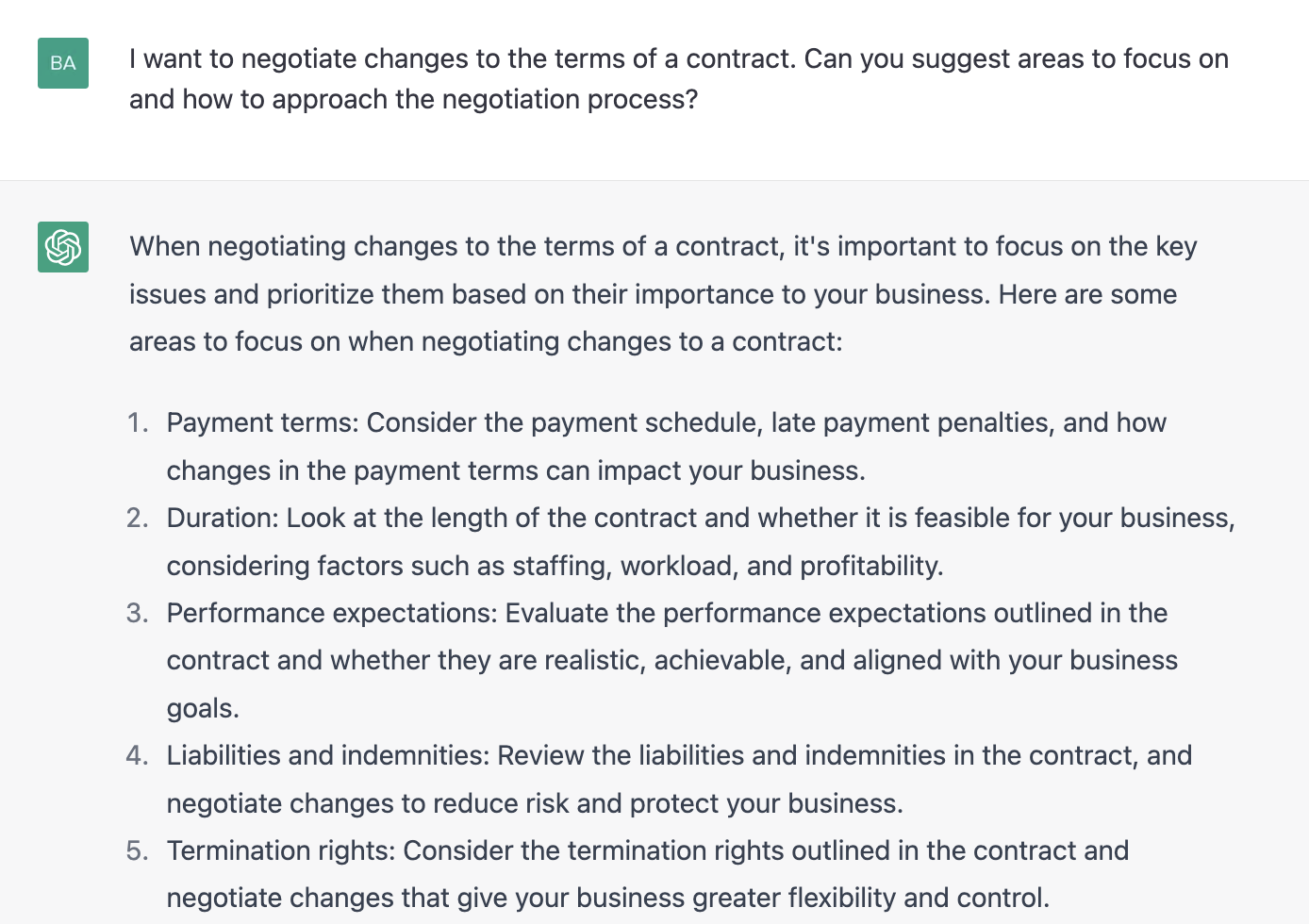 ChatGPT prompt about some areas to focus on negotiating changes to a contract