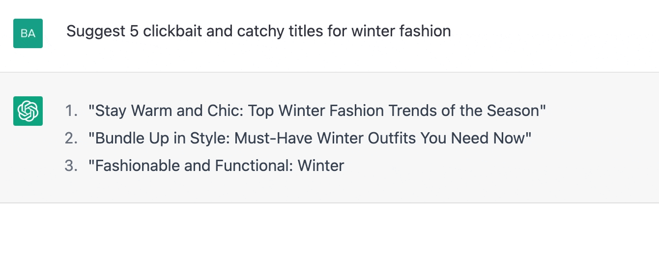 ChatGPT prompt about suggesting 5 clickbait and catchy titles for winter fashion