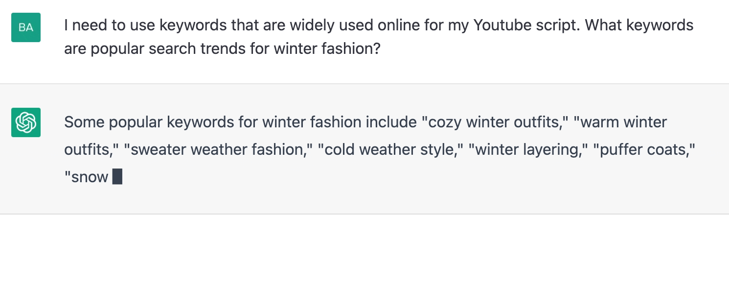 ChatGPT prompt about what keywords are popular seach trends for winter fashion