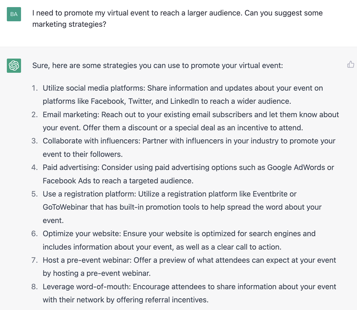 ChatGPT prompt about the strategies we can use to promote a virtual event