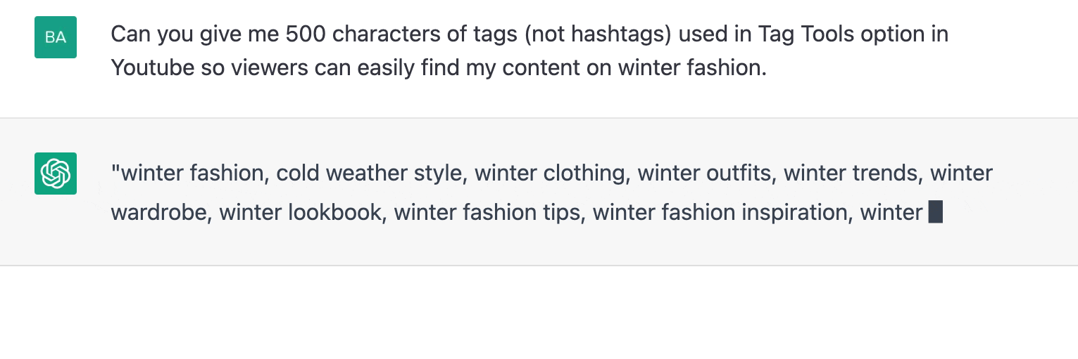 ChatGPT prompt about giving 500 characters of tags used in tag tools option in Youtube