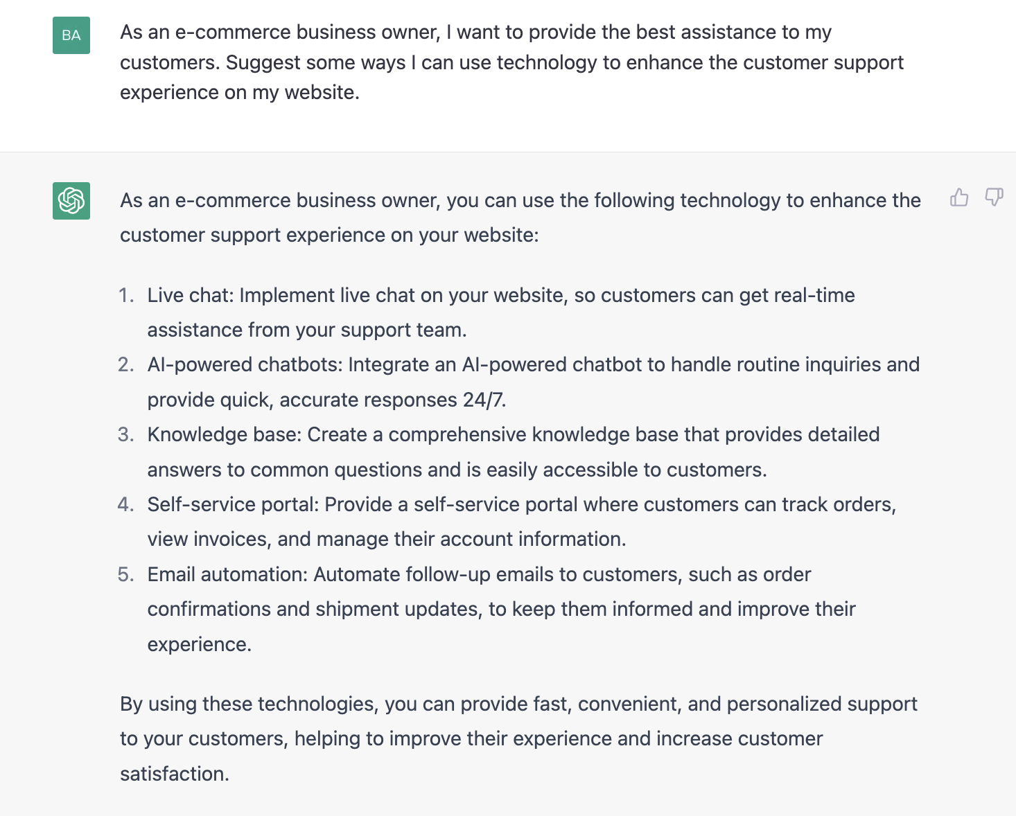 ChatGPT prompt about some ways in using technology to enhance the customer support experience