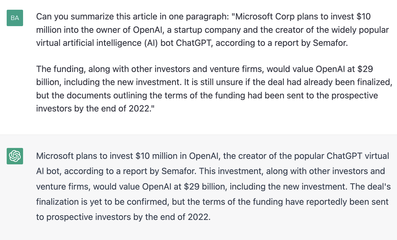 ChatGPT prompt about summarizing an article