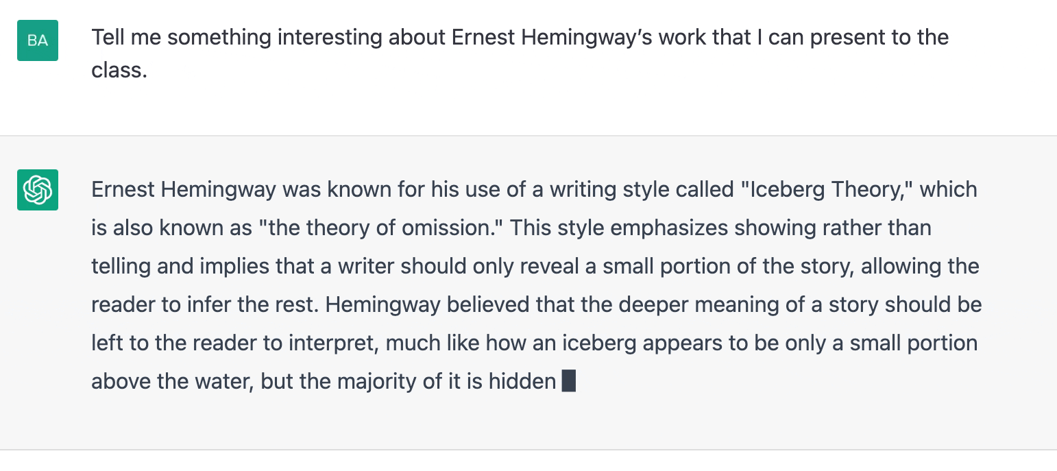 ChatGPT prompt about something interesting about Ernest Hemingway's work