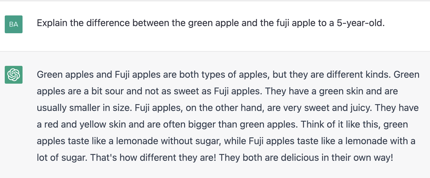 ChatGPT prompt about the difference between the green apple and the fuji apple to a 5 year old