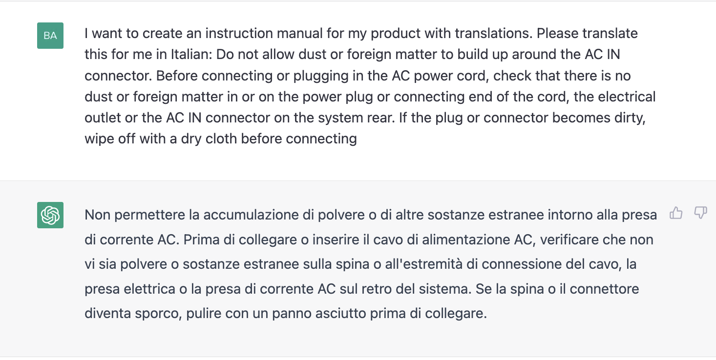 ChatGPT prompt about translating an instruction manual for a product in Italian
