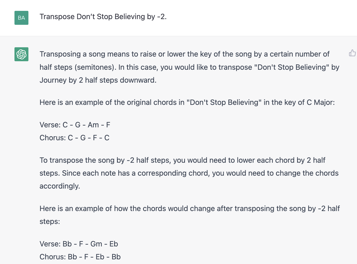ChatGPT prompt about transposing song